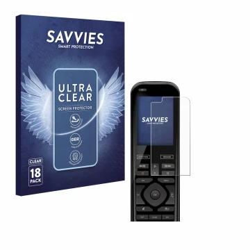 Parte frontal de un envase de producto con el logotipo de la marca Savvies. Al lado se muestra el dispositivo Logitech Harmony