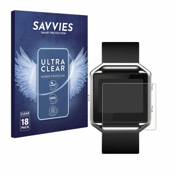 Parte frontal de un envase de producto con el logotipo de la marca Savvies. Al lado se muestra el dispositivo Fitbit Blaze con