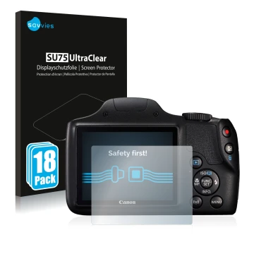 Parte frontal de un envase de producto con el logotipo de la marca Savvies. Al lado se muestra el dispositivo Canon PowerShot 