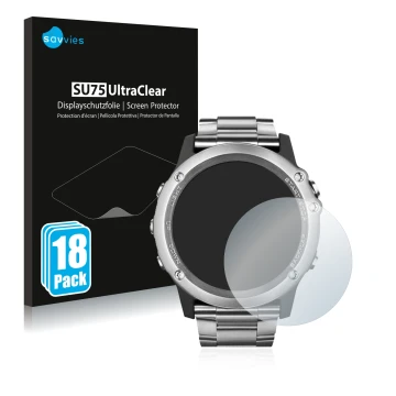 Parte frontal de un envase de producto con el logotipo de la marca Savvies. Al lado se muestra el dispositivo Garmin Fenix 3 S