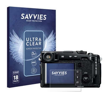 Parte frontal de un envase de producto con el logotipo de la marca Savvies. Al lado se muestra el dispositivo Fujifilm X-Pro2 