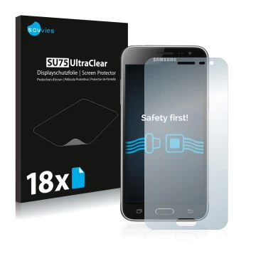 Parte frontal de un envase de producto con el logotipo de la marca Savvies. Al lado se muestra el dispositivo Samsung Galaxy J