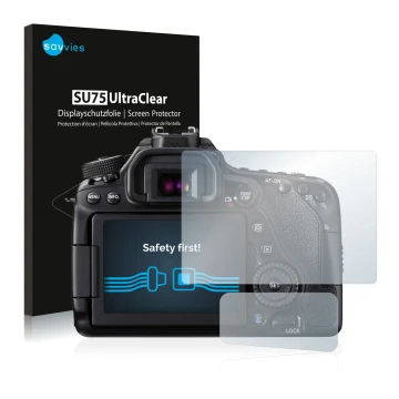 Parte frontal de un envase de producto con el logotipo de la marca Savvies. Al lado se muestra el dispositivo Canon EOS 80D co