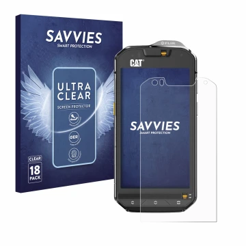 Parte frontal de un envase de producto con el logotipo de la marca Savvies. Al lado se muestra el dispositivo Caterpillar Cat 