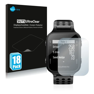 Parte frontal de un envase de producto con el logotipo de la marca Savvies. Al lado se muestra el dispositivo Garmin Approach 