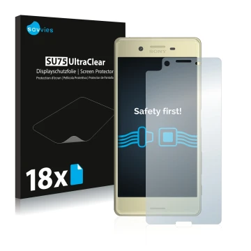 Parte frontal de un envase de producto con el logotipo de la marca Savvies. Al lado se muestra el dispositivo Sony Xperia X co