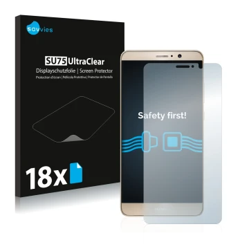 Parte frontal de un envase de producto con el logotipo de la marca Savvies. Al lado se muestra el dispositivo Huawei Mate 9 co