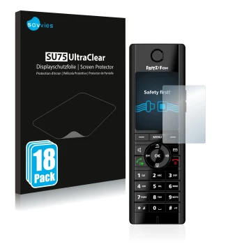 Parte frontal de un envase de producto con el logotipo de la marca Savvies. Al lado se muestra el dispositivo AVM Fritz!Fon C5