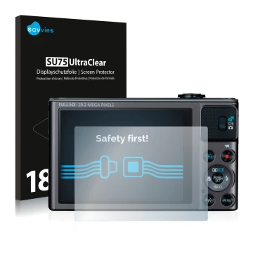 Parte frontal de un envase de producto con el logotipo de la marca Savvies. Al lado se muestra el dispositivo Canon PowerShot 