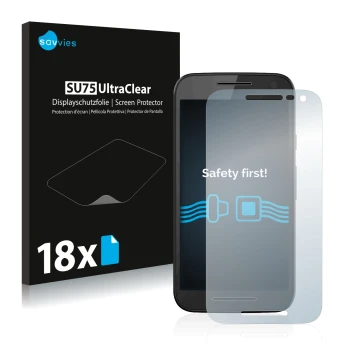 Parte frontal de un envase de producto con el logotipo de la marca Savvies. Al lado se muestra el dispositivo Motorola Moto G3