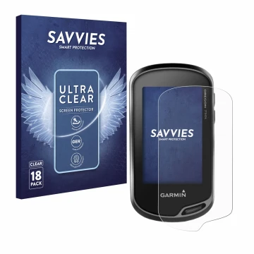 Parte frontal de un envase de producto con el logotipo de la marca Savvies. Al lado se muestra el dispositivo Garmin Oregon 75