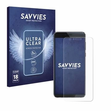 Parte frontal de un envase de producto con el logotipo de la marca Savvies. Al lado se muestra el dispositivo Honor 8 con su p