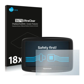 Parte frontal de un envase de producto con el logotipo de la marca Savvies. Al lado se muestra el dispositivo TomTom Start 52 