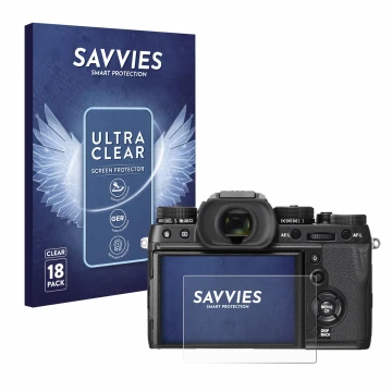 Parte frontal de un envase de producto con el logotipo de la marca Savvies. Al lado se muestra el dispositivo Fujifilm X-T2 co