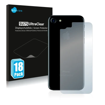 Parte frontal de un envase de producto con el logotipo de la marca Savvies. Al lado se muestra el dispositivo Apple iPhone 7 T