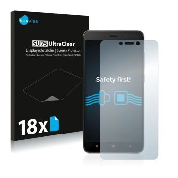 Parte frontal de un envase de producto con el logotipo de la marca Savvies. Al lado se muestra el dispositivo Xiaomi Redmi Not