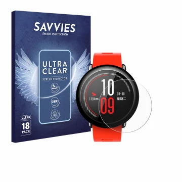 Parte frontal de un envase de producto con el logotipo de la marca Savvies. Al lado se muestra el dispositivo Huami Amazfit Pa