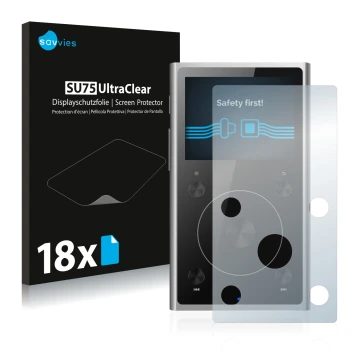 Parte frontal de un envase de producto con el logotipo de la marca Savvies. Al lado se muestra el dispositivo FiiO X1 II con s