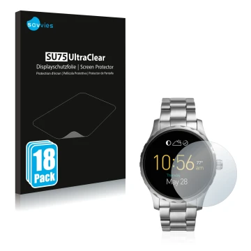 Parte frontal de un envase de producto con el logotipo de la marca Savvies. Al lado se muestra el dispositivo Fossil Q Marshal