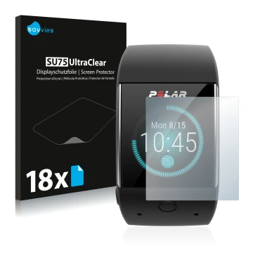 Parte frontal de un envase de producto con el logotipo de la marca Savvies. Al lado se muestra el dispositivo Polar M600 con s