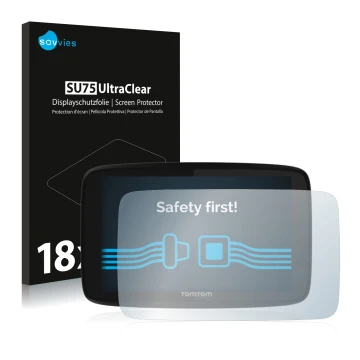 Parte frontal de un envase de producto con el logotipo de la marca Savvies. Al lado se muestra el dispositivo TomTom GO 520 co