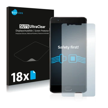 Parte frontal de un envase de producto con el logotipo de la marca Savvies. Al lado se muestra el dispositivo OnePlus 3T con s