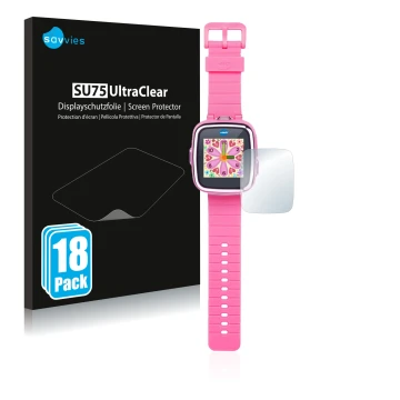 Parte frontal de un envase de producto con el logotipo de la marca Savvies. Al lado se muestra el dispositivo Vtech Kidizoom S