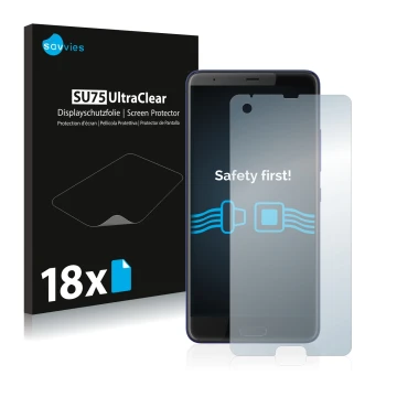 Parte frontal de un envase de producto con el logotipo de la marca Savvies. Al lado se muestra el dispositivo HTC U Ultra con 