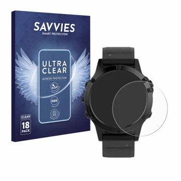Parte frontal de un envase de producto con el logotipo de la marca Savvies. Al lado se muestra el dispositivo Garmin Fenix 5 (
