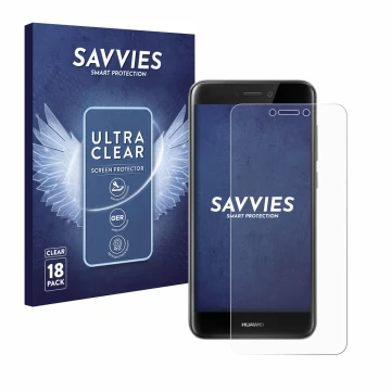 Parte frontal de un envase de producto con el logotipo de la marca Savvies. Al lado se muestra el dispositivo Huawei P8 Lite 2