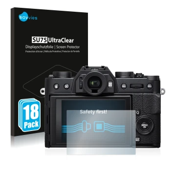 Parte frontal de un envase de producto con el logotipo de la marca Savvies. Al lado se muestra el dispositivo Fujifilm X-T20 c