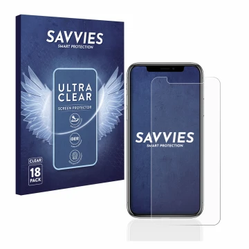 Parte frontal de un envase de producto con el logotipo de la marca Savvies. Al lado se muestra el dispositivo Apple iPhone X c