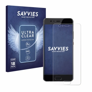 Parte frontal de un envase de producto con el logotipo de la marca Savvies. Al lado se muestra el dispositivo Huawei P10 Plus 