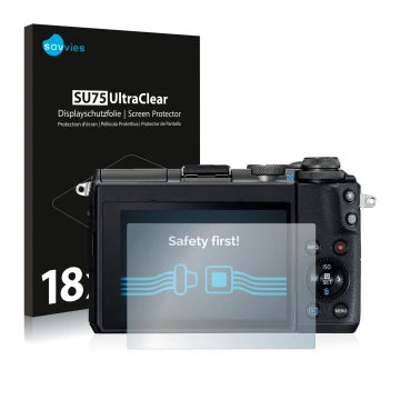 Parte frontal de un envase de producto con el logotipo de la marca Savvies. Al lado se muestra el dispositivo Canon EOS M6 con