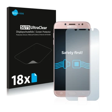 Parte frontal de un envase de producto con el logotipo de la marca Savvies. Al lado se muestra el dispositivo Samsung Galaxy J