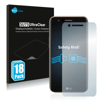 Parte frontal de un envase de producto con el logotipo de la marca Savvies. Al lado se muestra el dispositivo LG K10 2017 con 