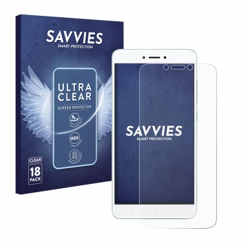 Parte frontal de un envase de producto con el logotipo de la marca Savvies. Al lado se muestra el dispositivo Xiaomi Redmi 4X 