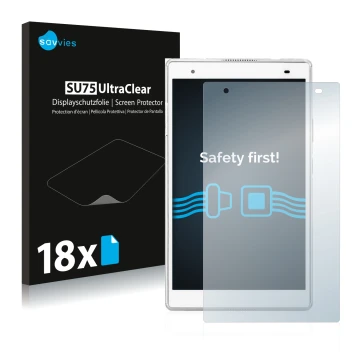 Parte frontal de un envase de producto con el logotipo de la marca Savvies. Al lado se muestra el dispositivo Lenovo Tab 4 8 P