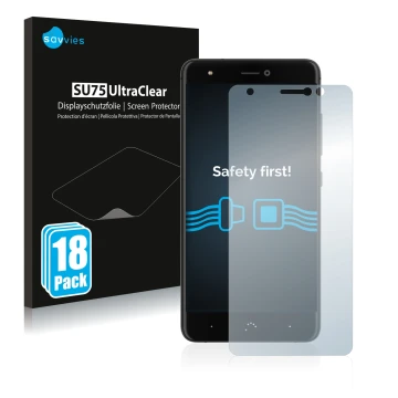 Parte frontal de un envase de producto con el logotipo de la marca Savvies. Al lado se muestra el dispositivo BQ Aquaris X con