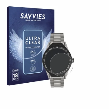 Parte frontal de un envase de producto con el logotipo de la marca Savvies. Al lado se muestra el dispositivo TAG Heuer Connec