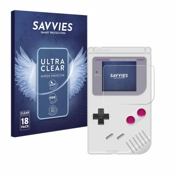 Parte frontal de un envase de producto con el logotipo de la marca Savvies. Al lado se muestra el dispositivo Nintendo Gameboy