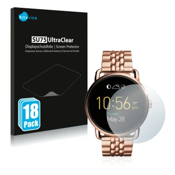 Parte frontal de un envase de producto con el logotipo de la marca Savvies. Al lado se muestra el dispositivo Fossil Q Wander 