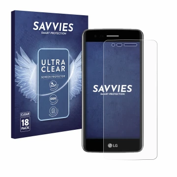 Parte frontal de un envase de producto con el logotipo de la marca Savvies. Al lado se muestra el dispositivo LG K8 2017 con s