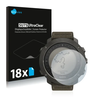 Parte frontal de un envase de producto con el logotipo de la marca Savvies. Al lado se muestra el dispositivo Suunto Traverse 