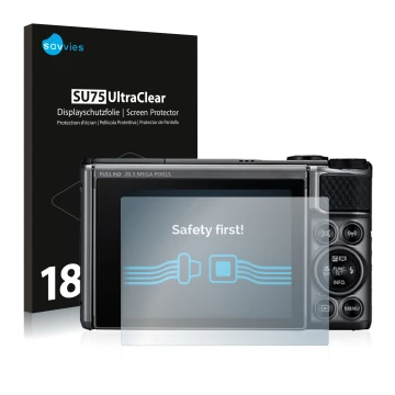 Parte frontal de un envase de producto con el logotipo de la marca Savvies. Al lado se muestra el dispositivo Canon PowerShot 