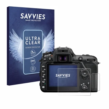 Parte frontal de un envase de producto con el logotipo de la marca Savvies. Al lado se muestra el dispositivo Nikon D7500 con 