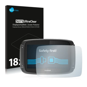 Parte frontal de un envase de producto con el logotipo de la marca Savvies. Al lado se muestra el dispositivo TomTom Rider 450