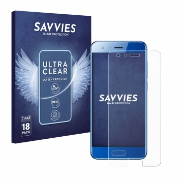 Parte frontal de un envase de producto con el logotipo de la marca Savvies. Al lado se muestra el dispositivo Honor 9 con su p