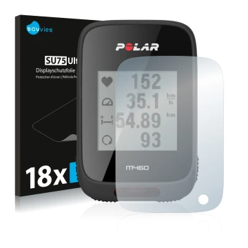 Parte frontal de un envase de producto con el logotipo de la marca Savvies. Al lado se muestra el dispositivo Polar M460 con s