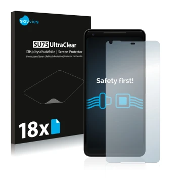 Parte frontal de un envase de producto con el logotipo de la marca Savvies. Al lado se muestra el dispositivo Google Pixel 2 X